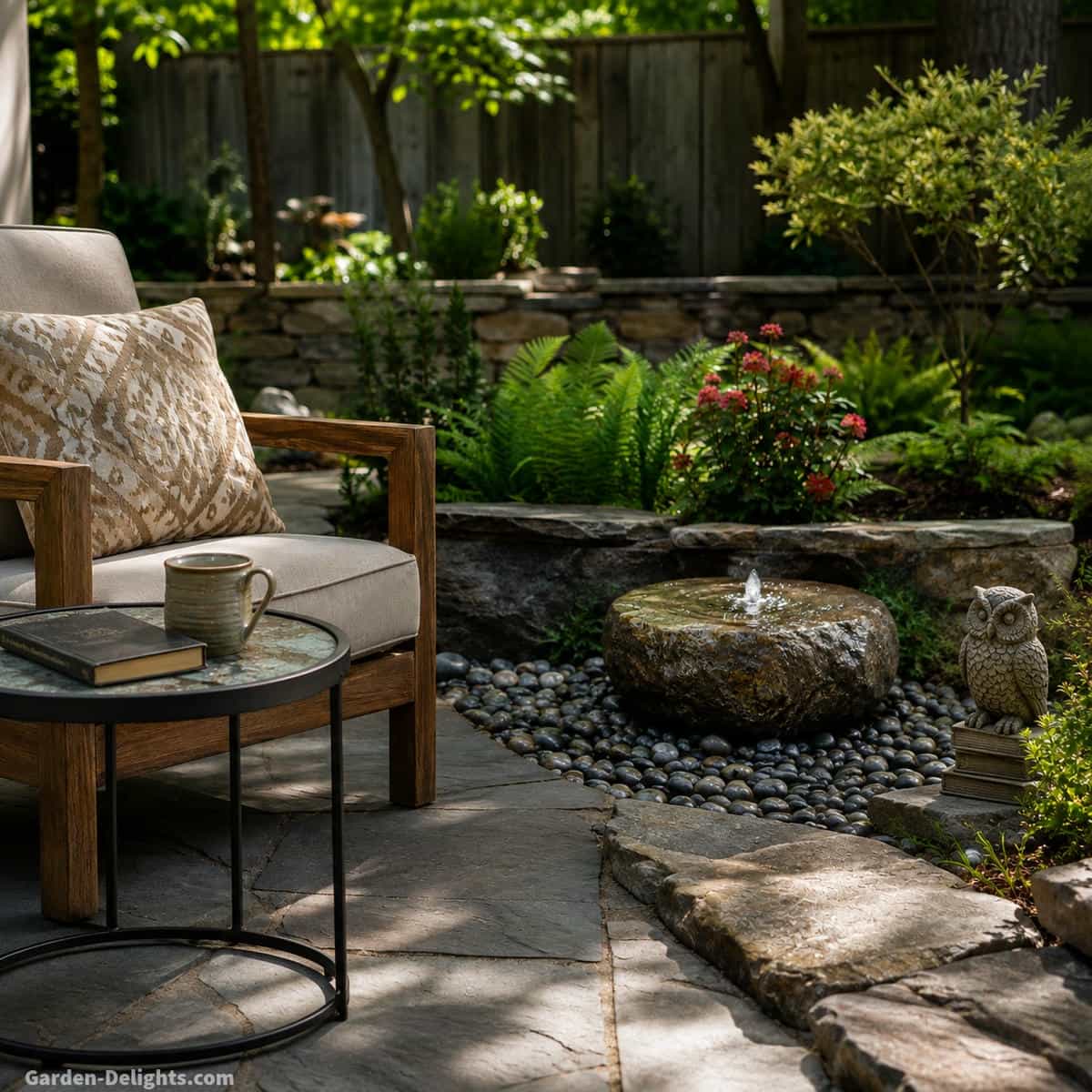 Quiet bubbling stone water fountain beside a comfortable garden reading chair with short water movement, broad wet stone surfaces and restrained landscaping for soft relaxing fountain sound near patio seating