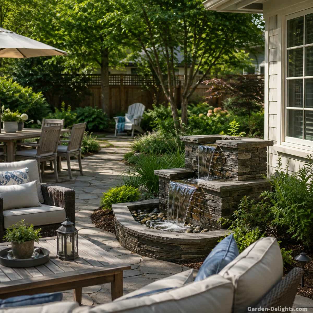 Outdoor water fountain beside a comfortable patio living area with controlled cascading water, dining seating, nearby garden reading chair, landscaped backyard and house windows showing how fountain sound changes for conversation, relaxation and different living spaces