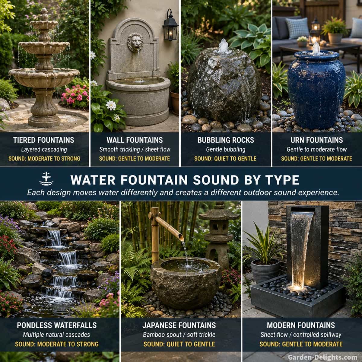 Water fountain sound comparison showing tiered, wall, bubbling rock and urn fountains with layered cascading, smooth trickling, gentle bubbling and moderate outdoor water sound in realistic residential settings