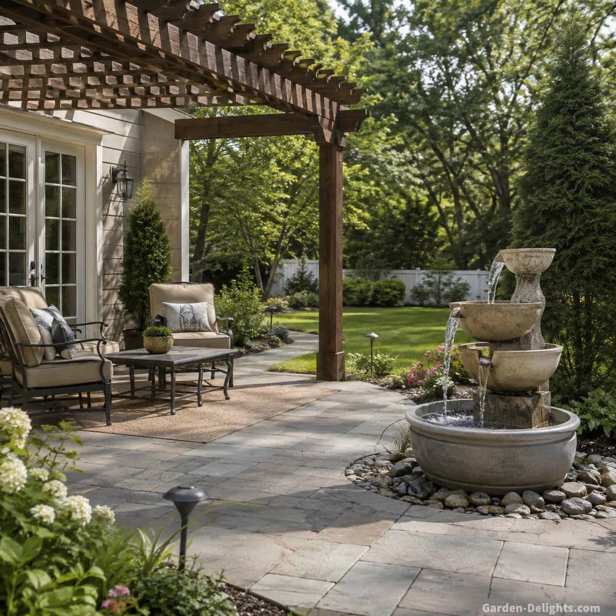 Outdoor cascading water fountain positioned a comfortable distance from patio seating beside a pergola with garden pathway, open lawn and nearby house wall showing how listening distance and surrounding surfaces affect fountain sound
