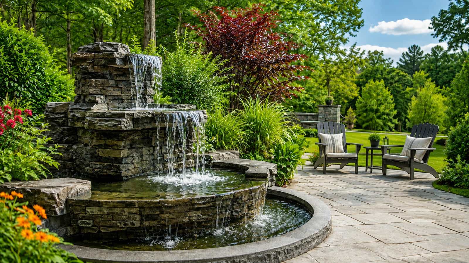 Outdoor cascading water fountain beside comfortable patio seating with visible falling water, broad stone basin, landscaped garden surroundings and realistic listening distance illustrating how fountain flow, water drop, placement and seating affect relaxing water sound