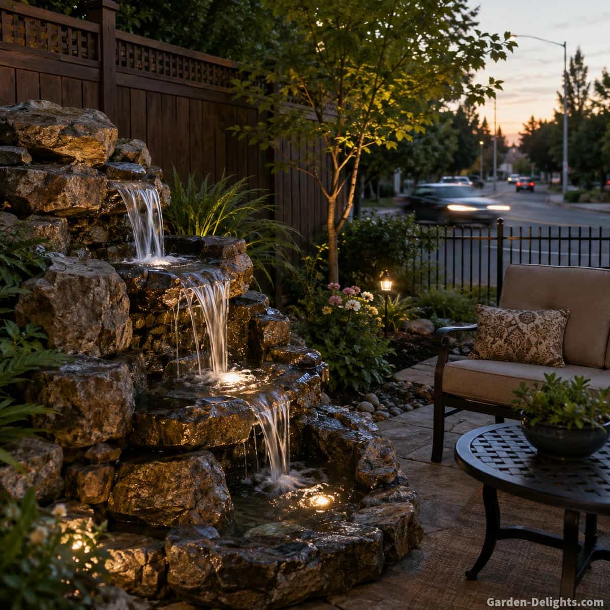 Cascading backyard water fountain positioned near patio seating with several controlled water drops, privacy fence, distant roadway and landscaped garden showing how fountain sound can help mask traffic and background noise around outdoor living spaces