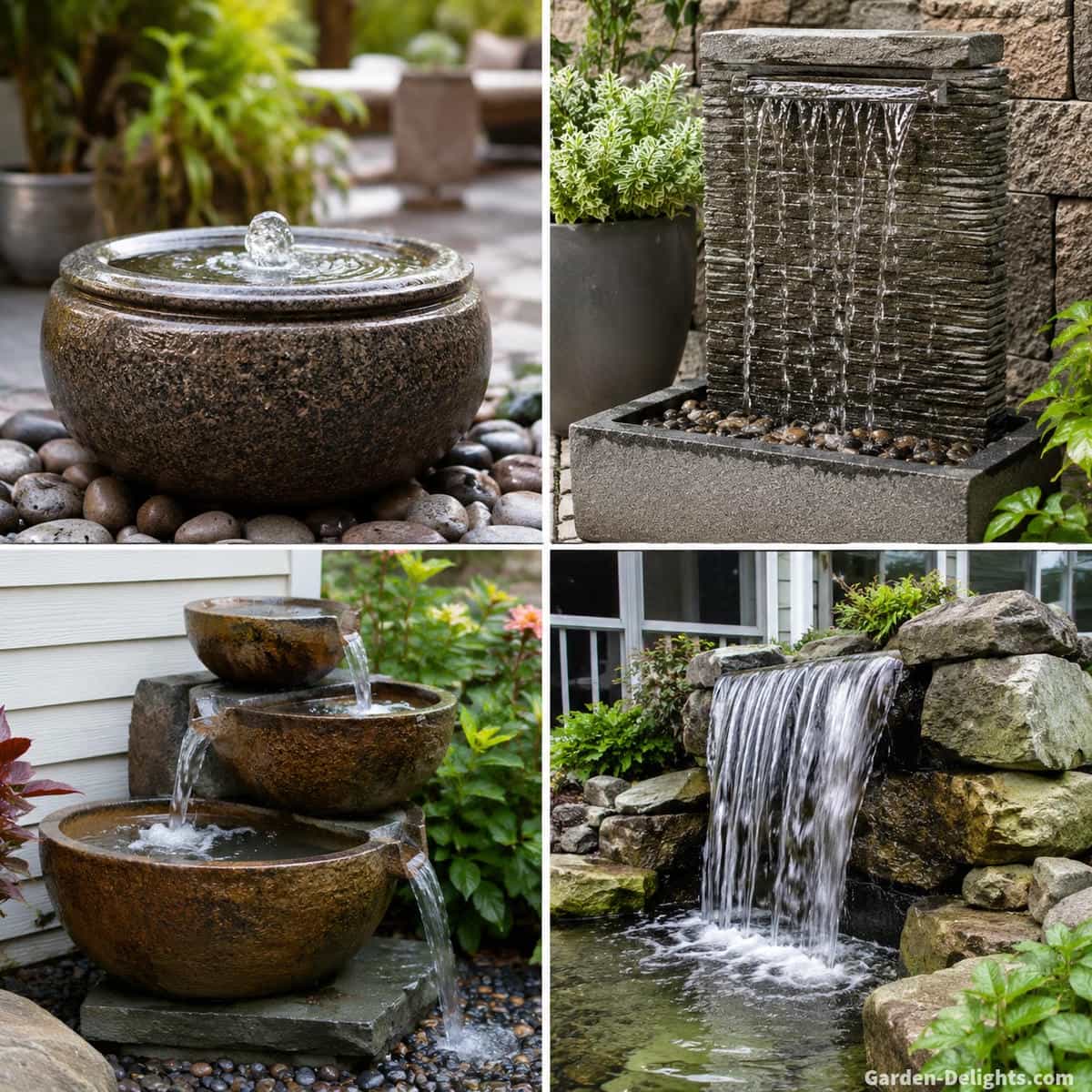 Water fountain sound comparison showing gentle bubbling water, fine trickling streams, layered cascading bowls and stronger falling water across different residential fountain designs for comparing quiet, moderate and strong fountain sounds