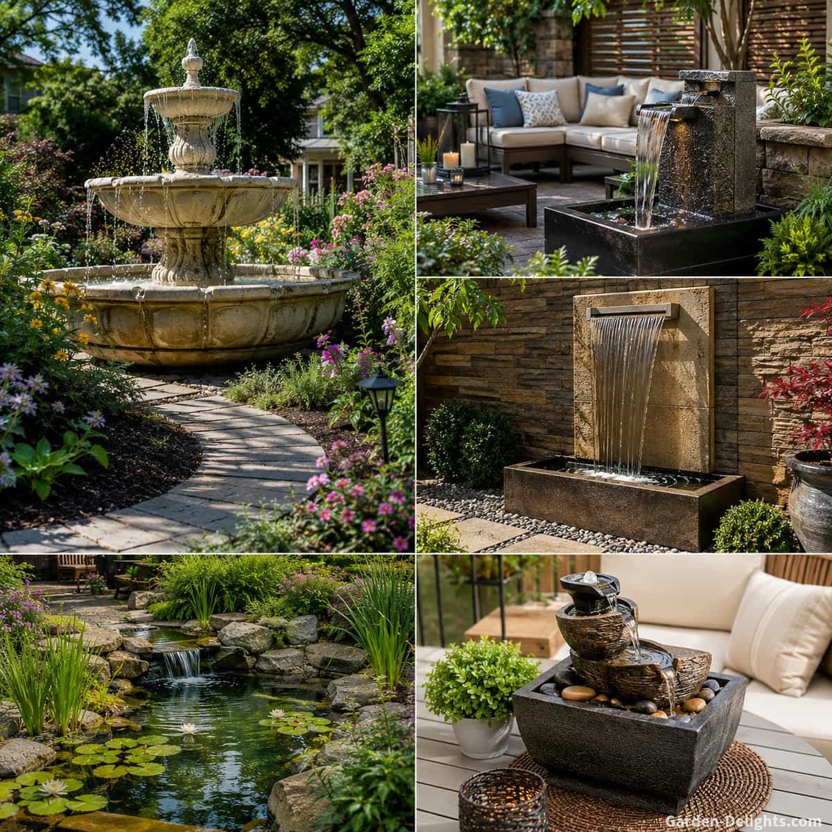 water fountain placement guide showing tiered garden fountain in flower bed modern patio fountain beside outdoor seating wall fountain mounted on privacy wall tabletop fountain on patio table and backyard pond feature demonstrating the best locations for water fountains in landscape design