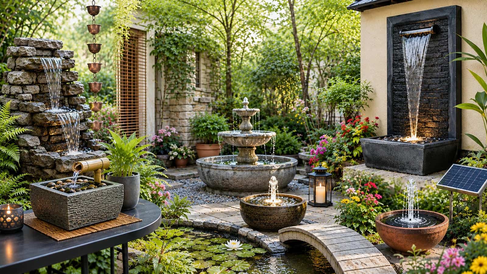 water fountains directory concept with indoor tabletop fountain, outdoor garden fountain, solar fountain, wall fountain and pond water feature arranged in a peaceful garden library setting for comparing water feature styles and placement ideas