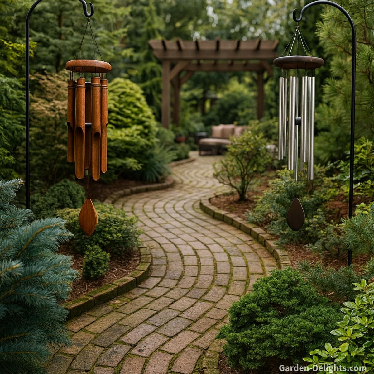 aluminum and bamboo wind chimes along garden pathway showing airflow placement sound projection and design compatibility