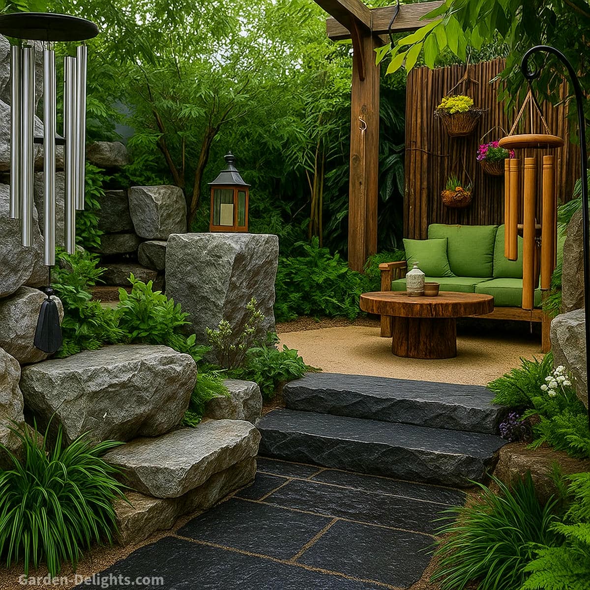 Aluminum wind chimes hanging from a pergola post above dark slate stone flooring, contrasted with bamboo wind chimes on a garden hook beside grey stone walls and green-cushioned seating showcasing metal clarity versus wood-element rhythm in a serene meditation patio.