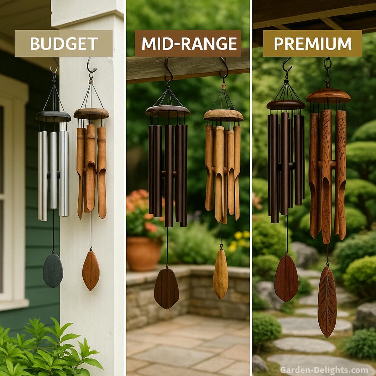 Budget, mid-range, and premium aluminum and bamboo wind chimes displayed in real outdoor settings, showing small entry-level chimes on porches, handcrafted mid-range chimes on patios, and tuned premium designs in a Zen Garden for stronger sound and durability