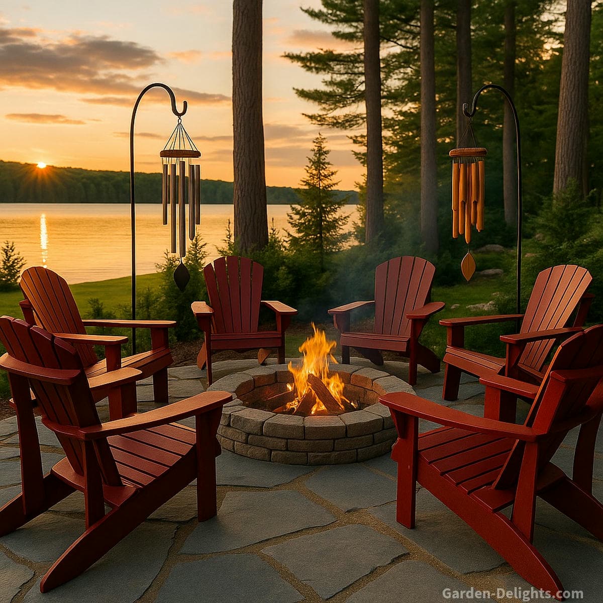 Aluminum and bamboo wind chimes displayed behind red Adirondack chairs in a cozy lakeside firepit setting, with each chime hanging from a shepherd’s hook placed naturally in the ground among forest greenery for a calm outdoor sound and style comparison