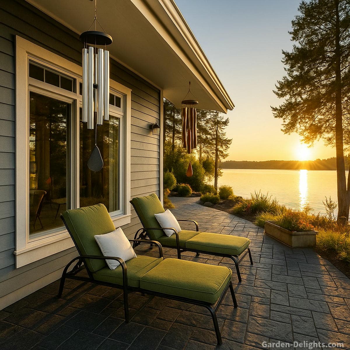 Aluminum and bamboo wind chimes hanging from the eaves of a gray home with white trim overlooking a lakeside sunset, the aluminum chime closer and the bamboo chime further along the expanded black-stone patio with green cushioned loungers showing real-world sound behavior, airflow, and outdoor ambience