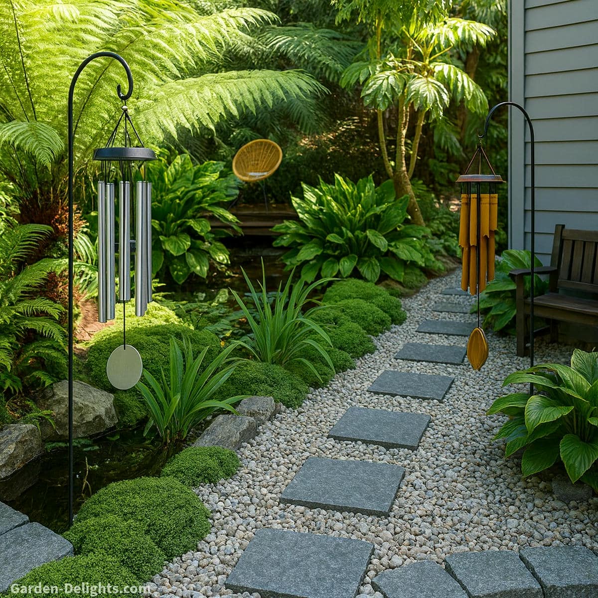 Aluminum and bamboo wind chimes displayed along a grey-stone garden pathway aluminum catching open breezes near lush ferns, bamboo hanging in softer shade beside a wooden bench symbolizing sound clarity, grounding Wood-element energy, and Feng Shui airflow balance in a meditation garden.