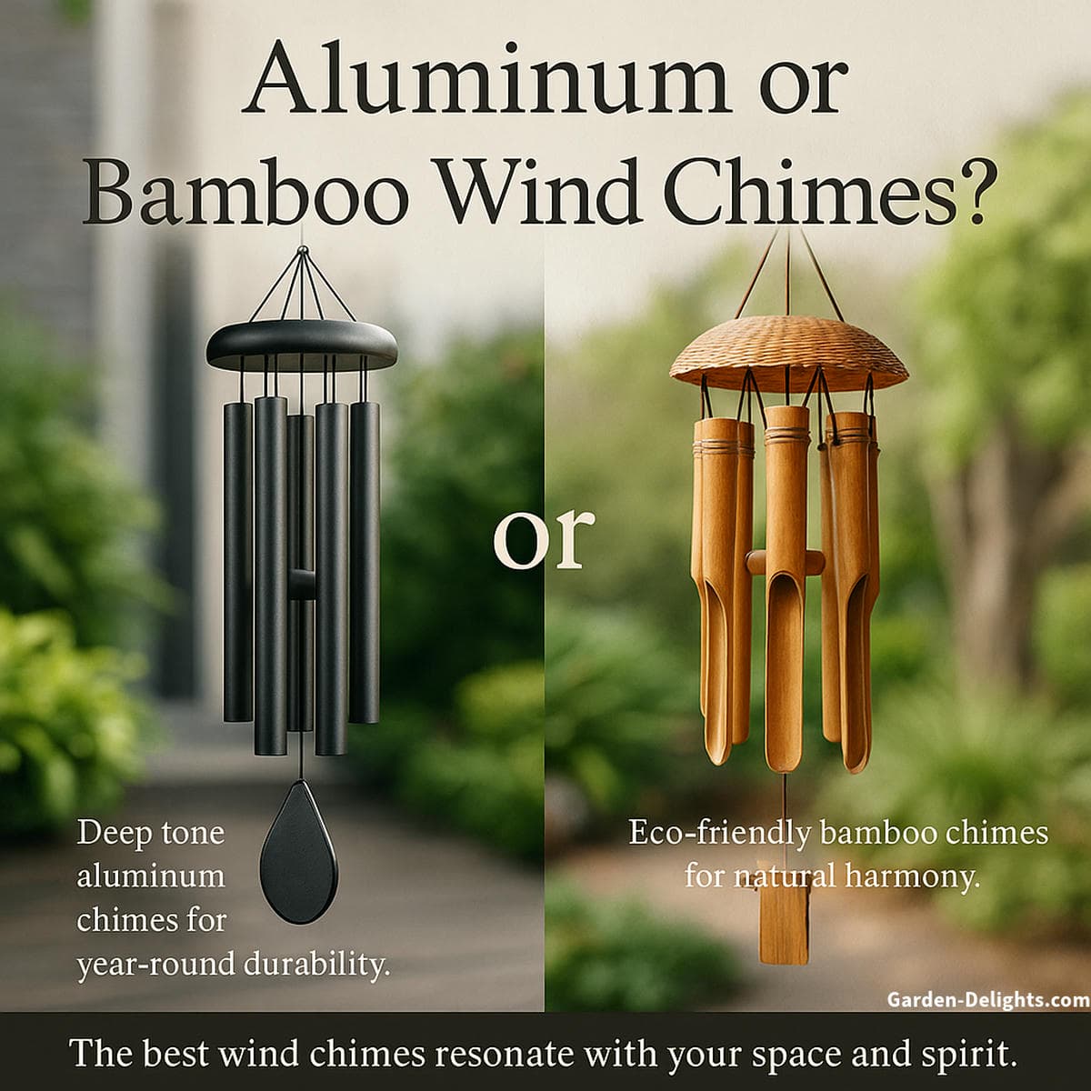 Aluminum and bamboo wind chimes in a serene garden modern patio meets Zen-style greenery, symbolizing sound quality, durability, Feng Shui placement, and natural ambience.