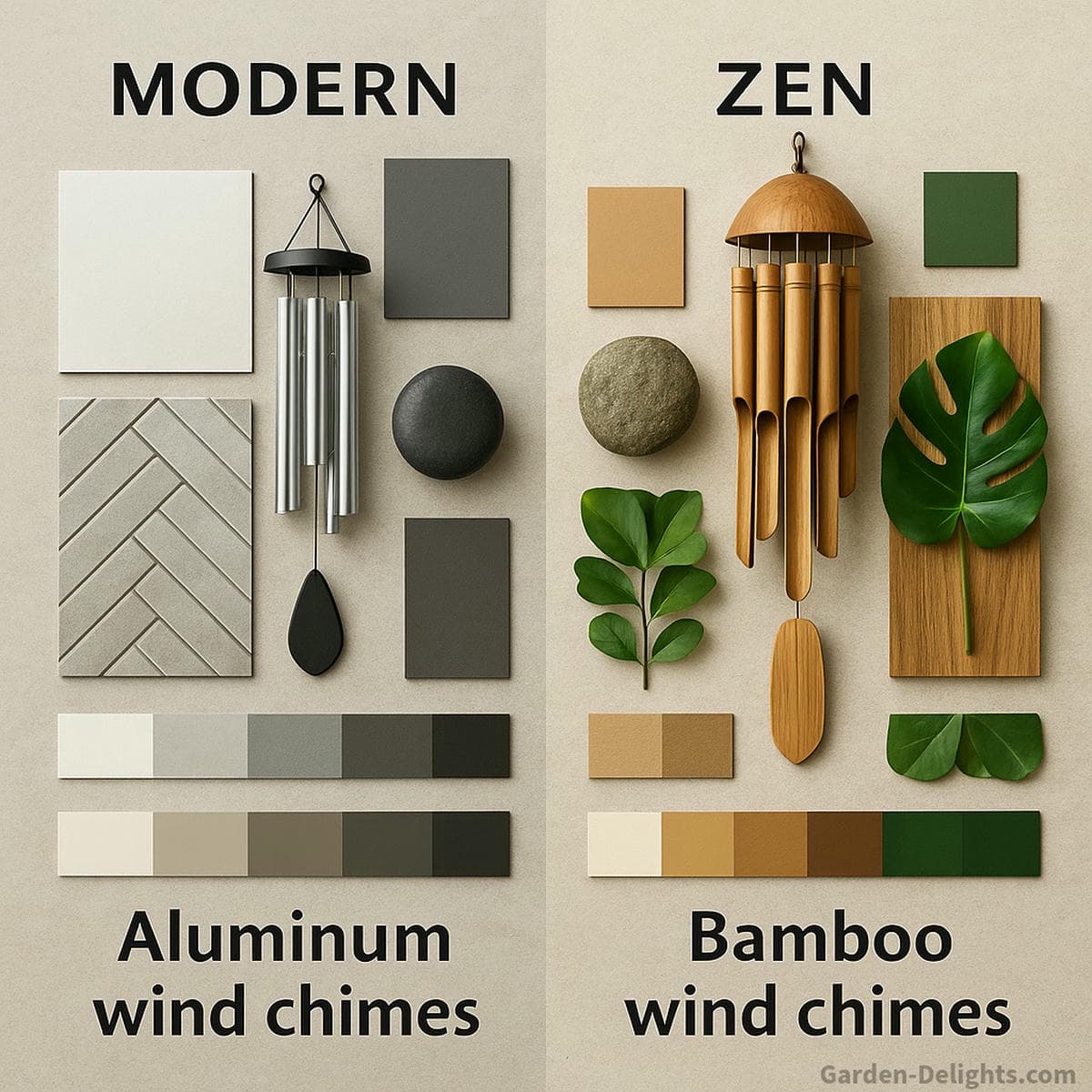 Modern vs Zen décor mood board featuring aluminum wind chimes in a sleek minimalist palette and bamboo wind chimes in a natural wood-element Zen garden palette, showing contrasting outdoor design styles and aesthetic mood inspiration