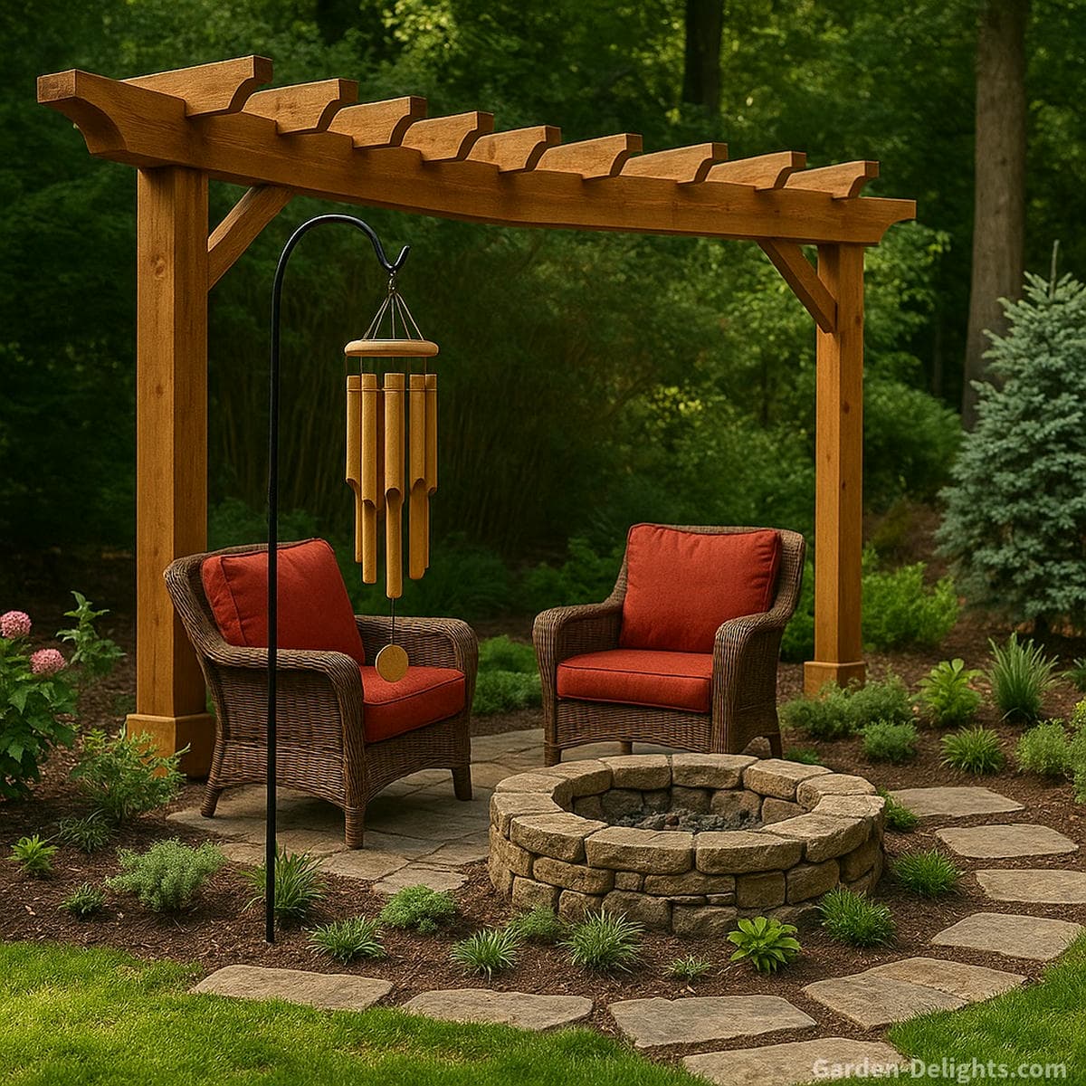 Bamboo wind chimes hanging from a curved shepherd’s hook beside wicker patio chairs with red cushions under a warm brown pergola, surrounded by lush greenery and calming Feng Shui Wood-element energy