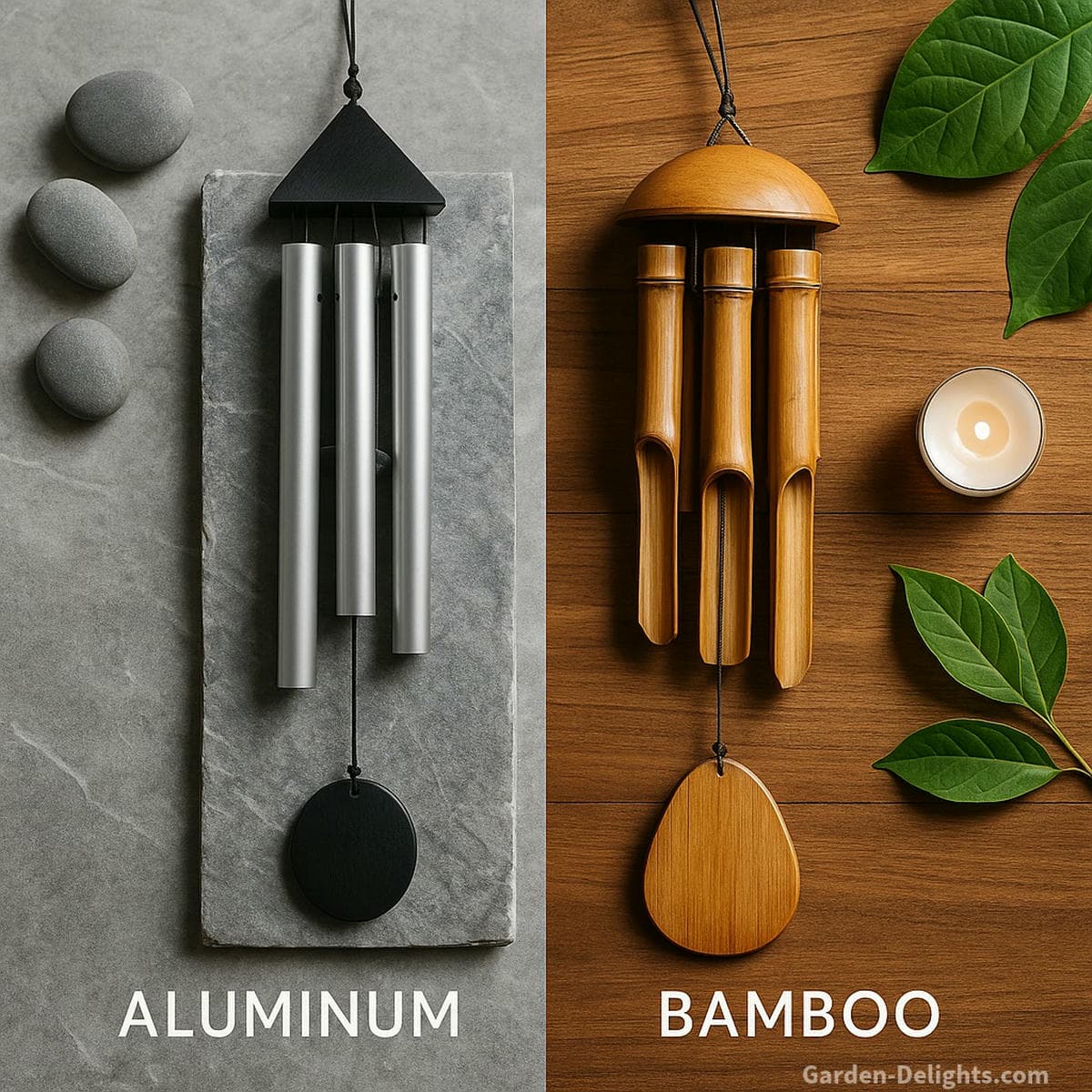 Flat-lay comparison of aluminum and bamboo wind chimes showing Metal and Wood Feng Shui energy qualities, with cool slate textures beside warm natural wood textures to illustrate clarity, grounding, and emotional atmosphere
