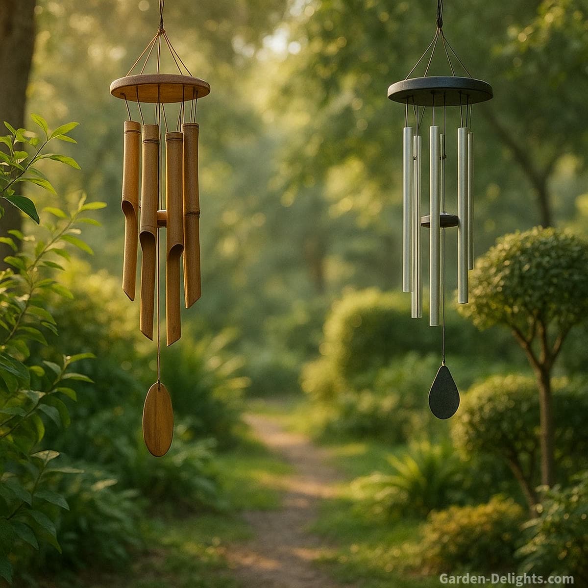 Calm Feng Shui garden scene showing bamboo wind chimes placed in the Southeast for Wood energy and aluminum wind chimes in the Northwest for Metal clarity, with soft natural light and gentle airflow balancing the space.