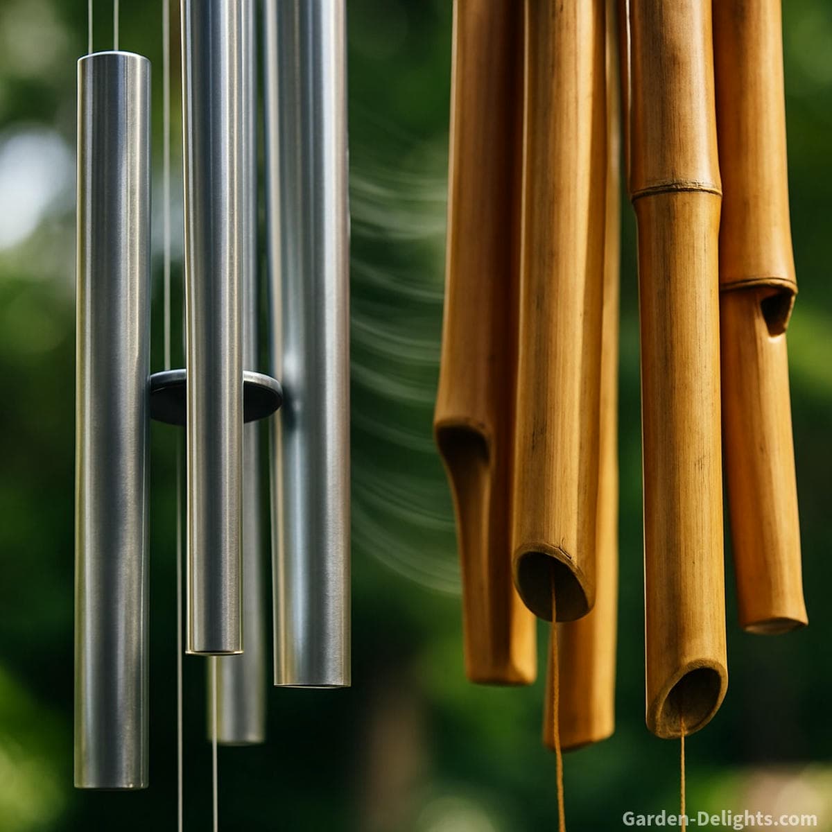 close up aluminum and bamboo wind chime tubes reacting to airflow showing resonance sustain tapping rhythm and tonal movement