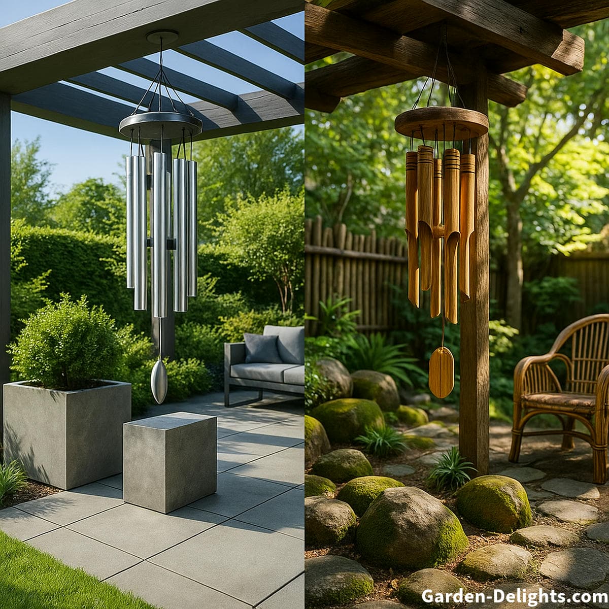 aluminum and bamboo wind chimes showing emotional sound benefits calm atmosphere and tonal contrast in outdoor setting