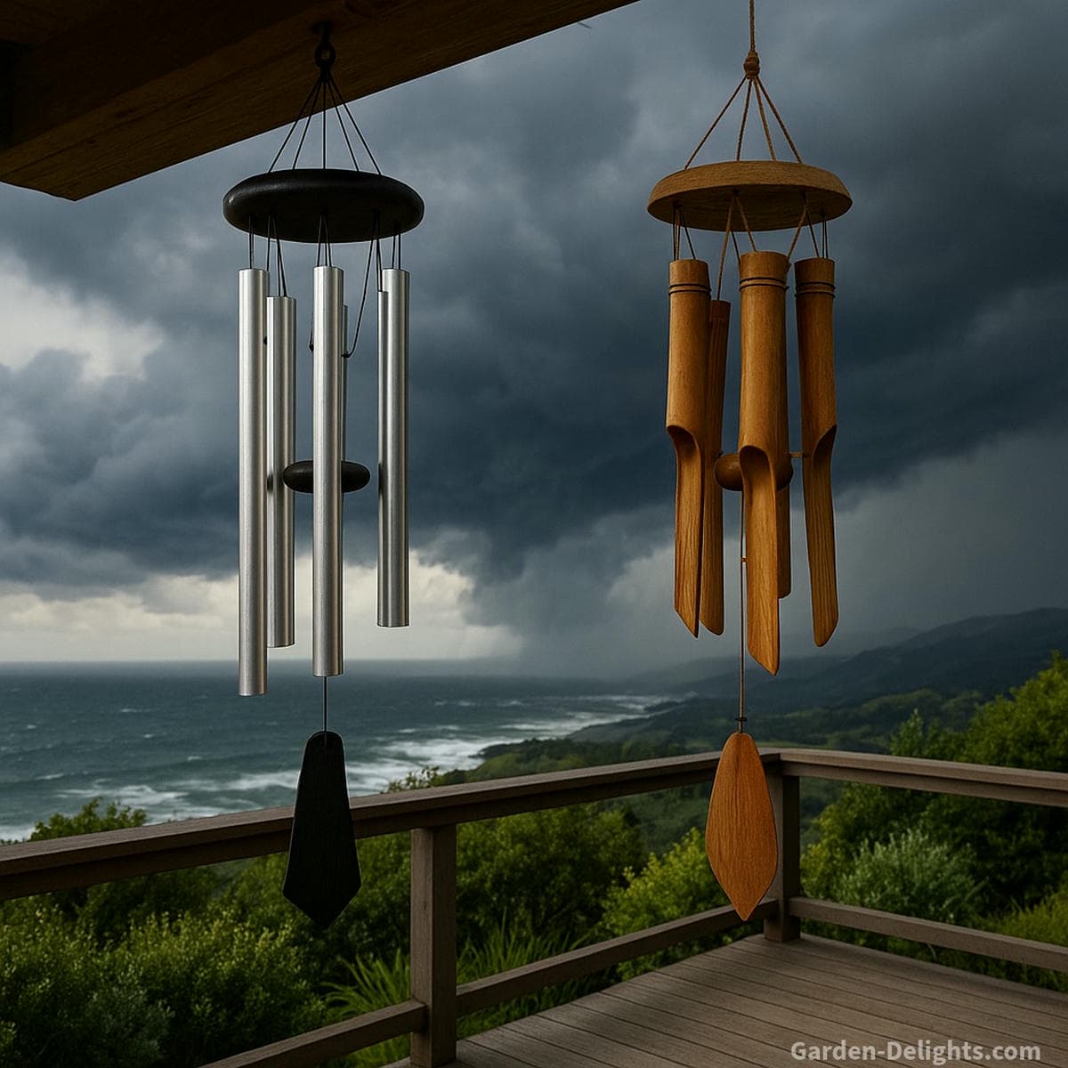 Aluminum and bamboo wind chimes swaying on a hilltop garden deck overlooking stormy coastal winds showing high-wind durability, long-term acoustic aging, and symbolic harmony between metal clarity and natural bamboo rhythm