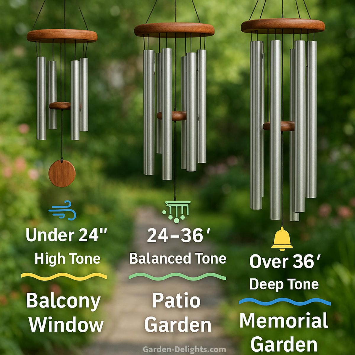 Comparison of aluminum wind chime tube lengths and sound pitches – deep, mid-range, and high tones for gardens, meditation, and indoor serenity