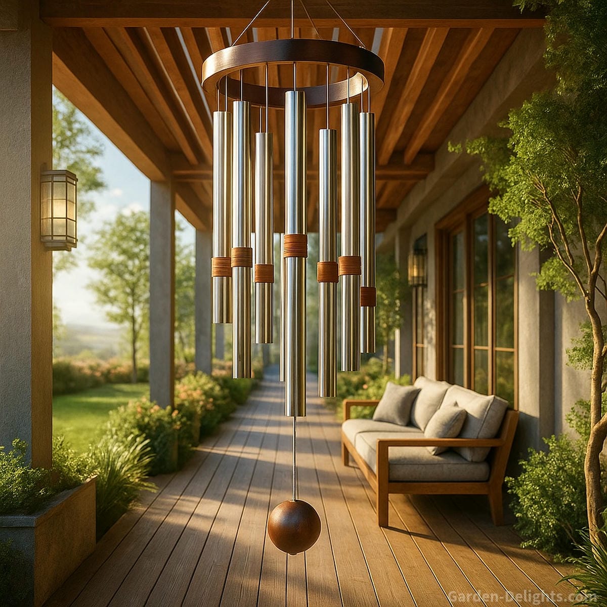 aluminum wind chimes placement on pergola patio deck showing airflow zones for sound projection clarity and consistent movement