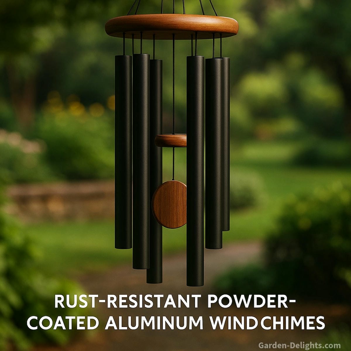 Weatherproof aluminum wind chimes with powder-coated black tubes and wooden striker hanging in a Zen garden symbolizing durability, healing tone, and peaceful outdoor energy