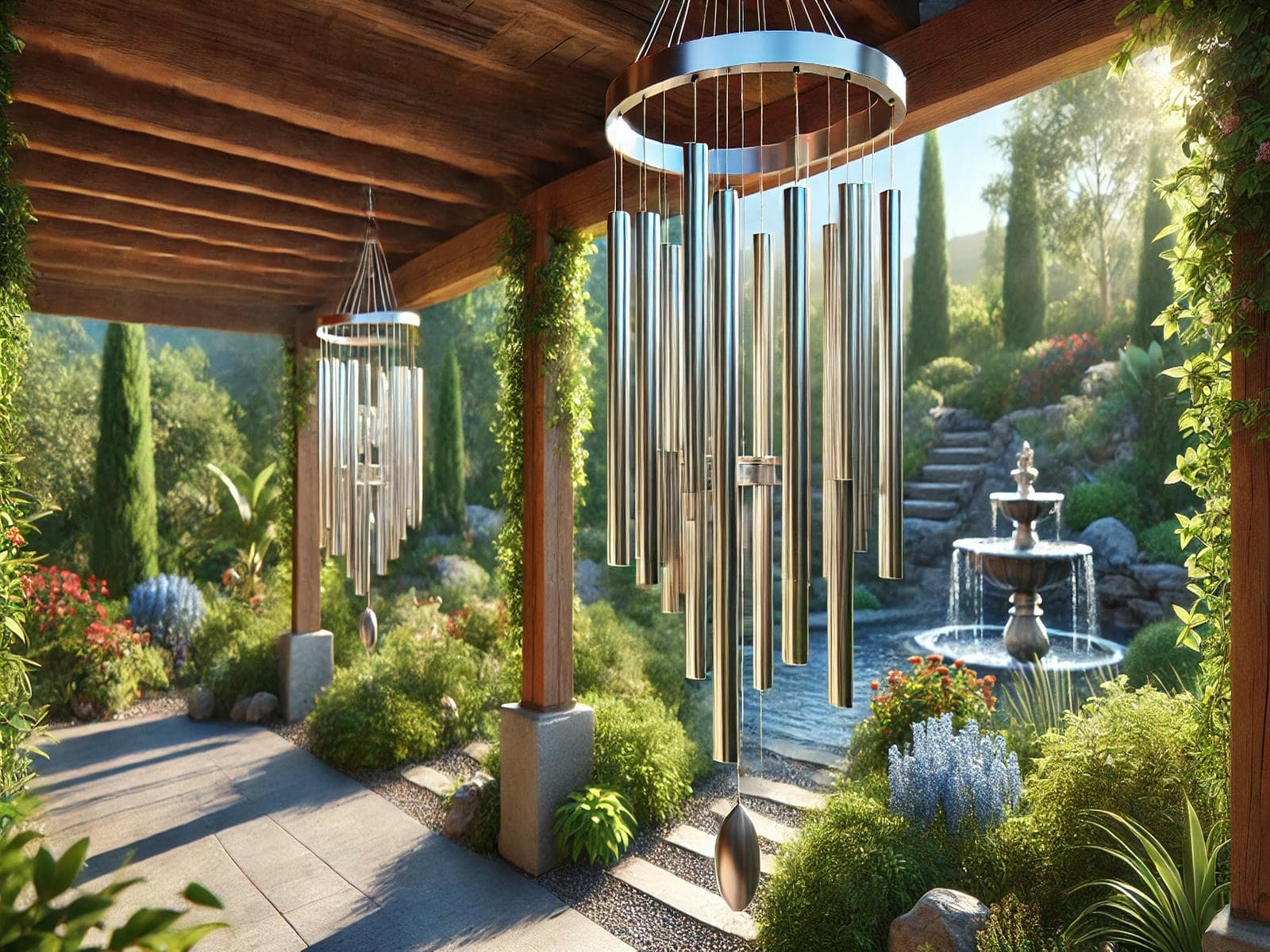 Best aluminum wind chimes hanging from a wooden pergola in a tranquil garden deep tone, hand-tuned chimes for outdoor serenity, meditation, and Feng Shui harmony.