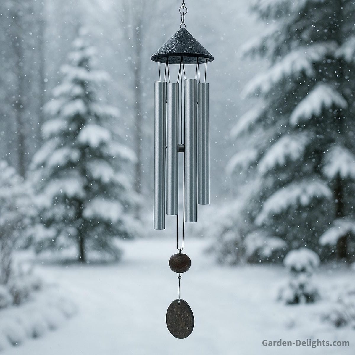 Rustproof aluminum wind chimes hanging in a peaceful snow-covered winter garden with evergreen trees
