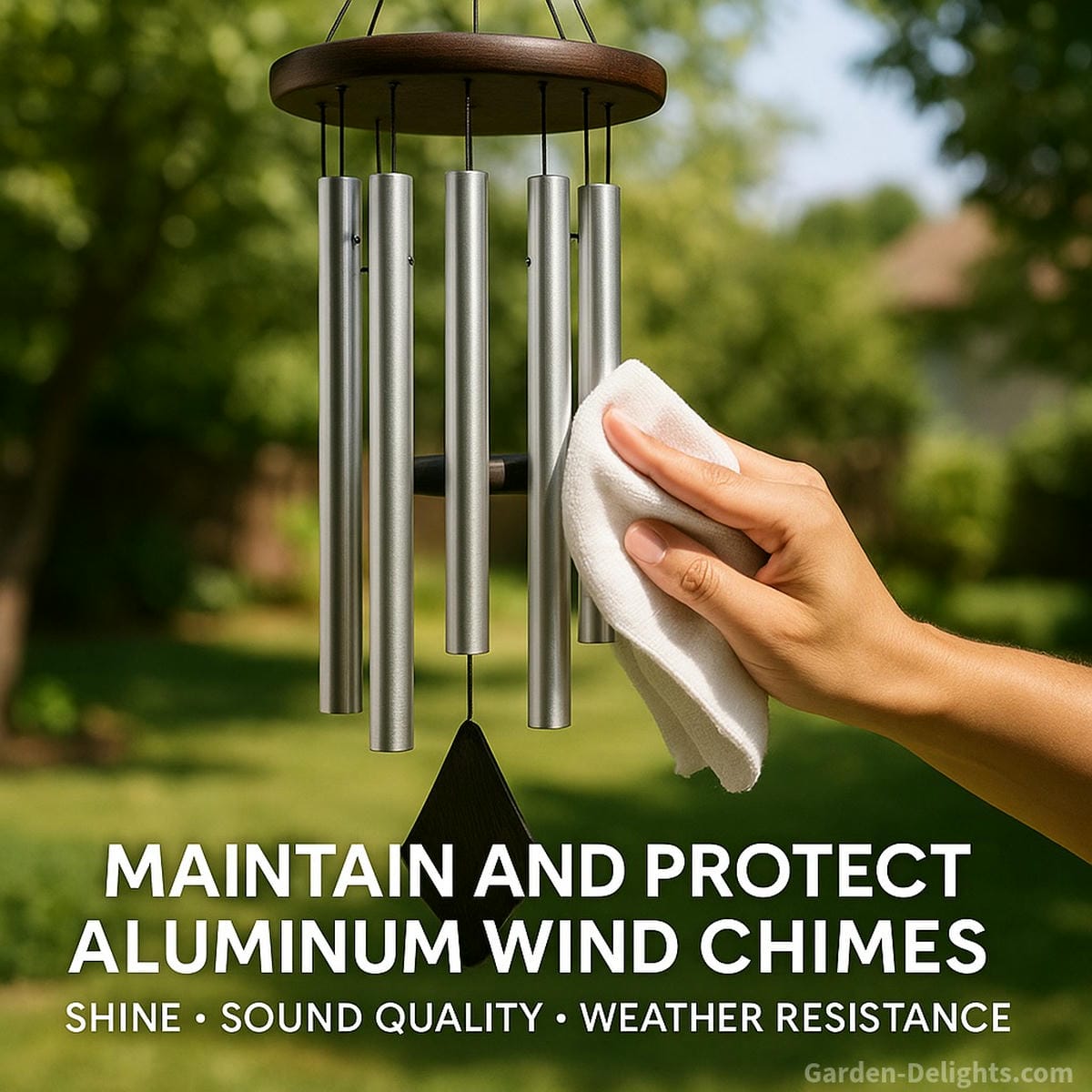Gently cleaning aluminum wind chimes to preserve sound clarity, restore shine, and protect from weather damage in a peaceful backyard setting