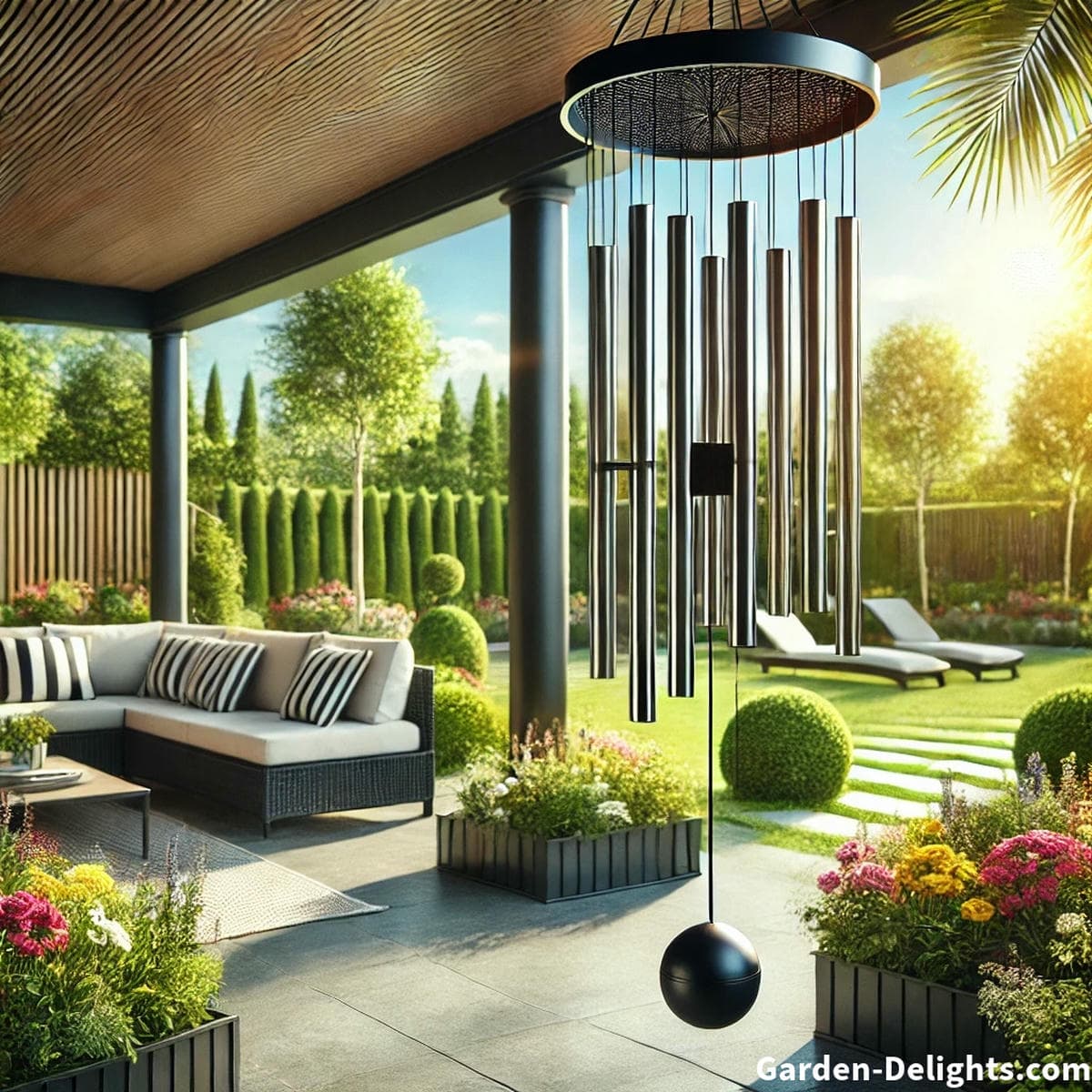 aluminum wind chimes in garden setting with steady airflow creating soft movement clear tone projection and calm outdoor sound atmosphere