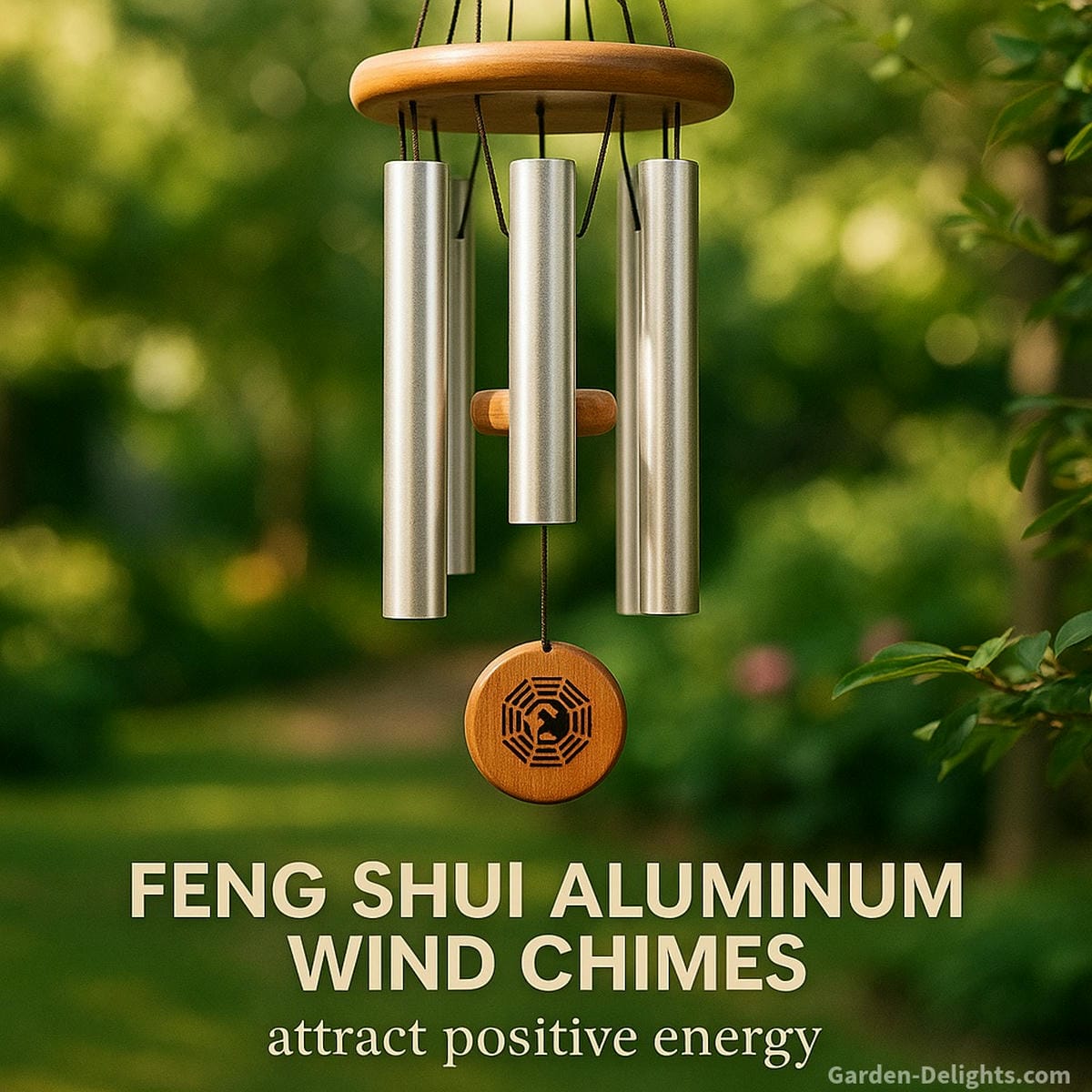 feng shui aluminum wind chimes in garden patio creating chi energy flow balance harmony and gentle sound movement in outdoor space