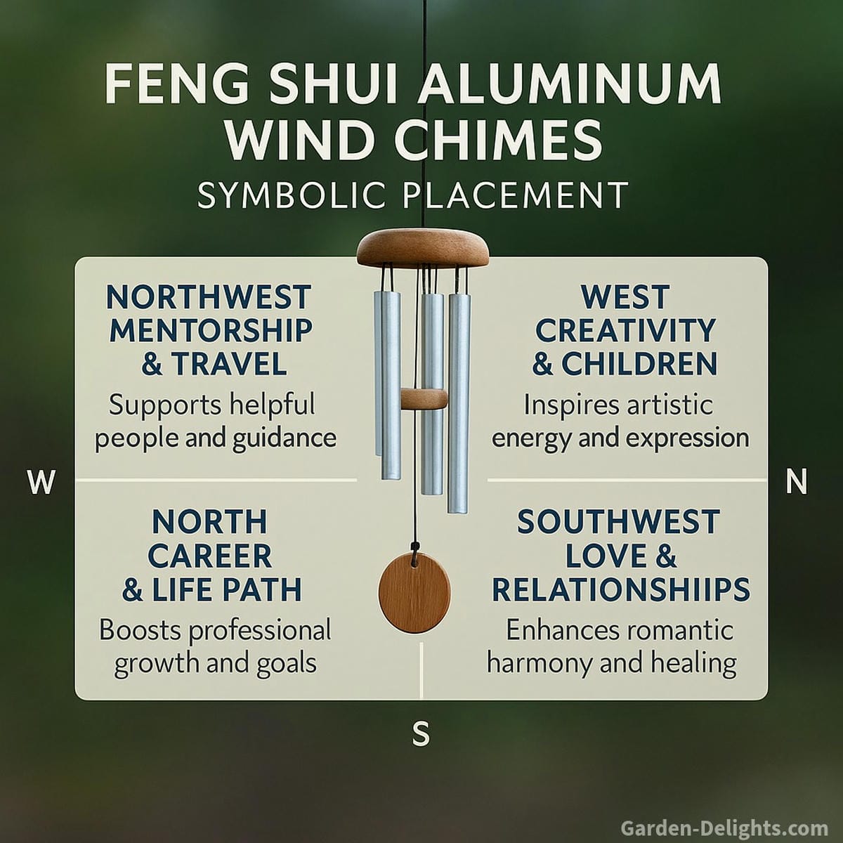 Feng Shui aluminum wind chimes placement diagram showing symbolic directions like Northwest for mentorship, West for creativity, North for career growth, and Southwest for love and emotional healing