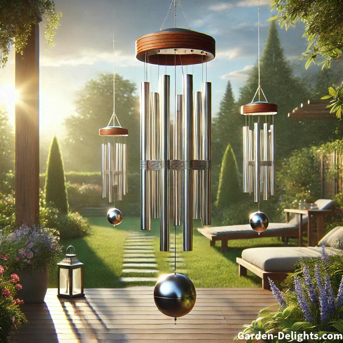 sleek aluminum wind chimes in backyard garden showing modern design tone balance size variation and airflow movement for sound selection