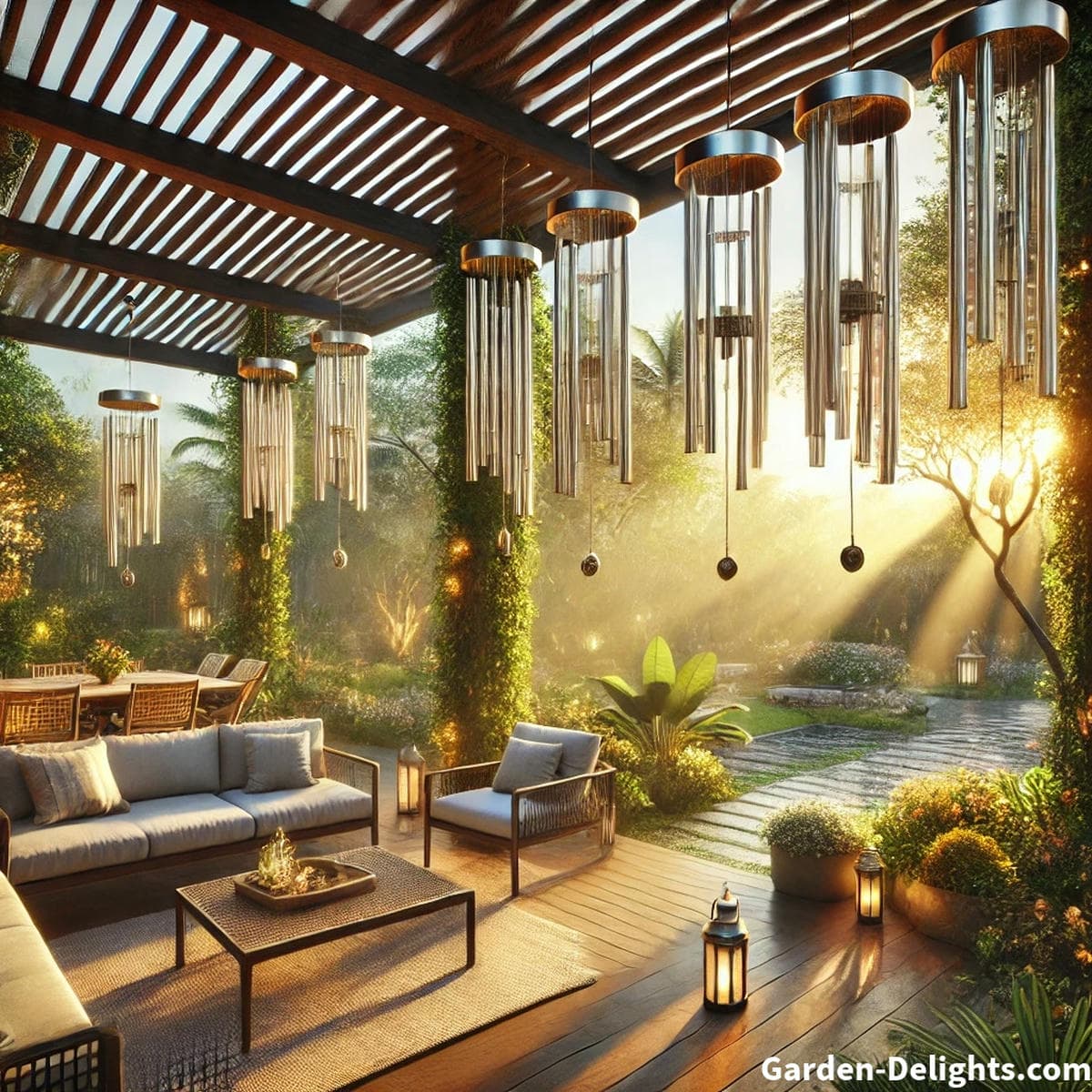 Stunning image of aluminum wind chimes in a beautifully designed outdoor space. The serene setting includes lush greenery, blooming flowers, a wooden pergola, and warm golden sunlight, reinforcing why aluminum wind chimes are a must-have for any outdoor environment.