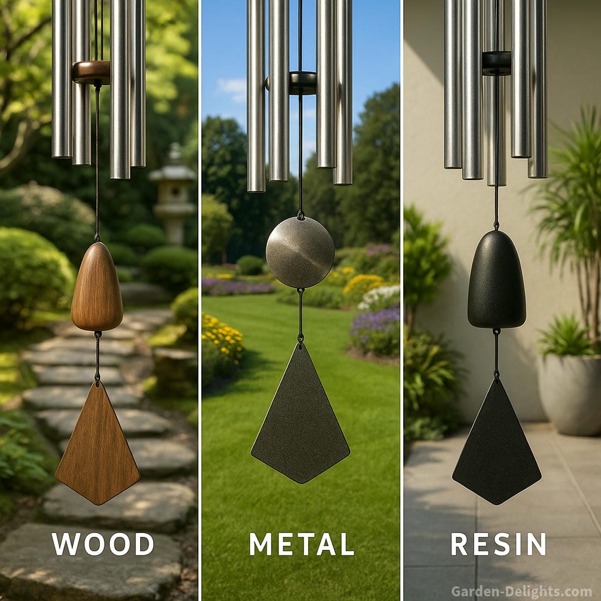 Wood, metal, and resin wind chime strikers displayed in three distinct garden settings each highlighting tone variation, spiritual ambiance, and outdoor performance