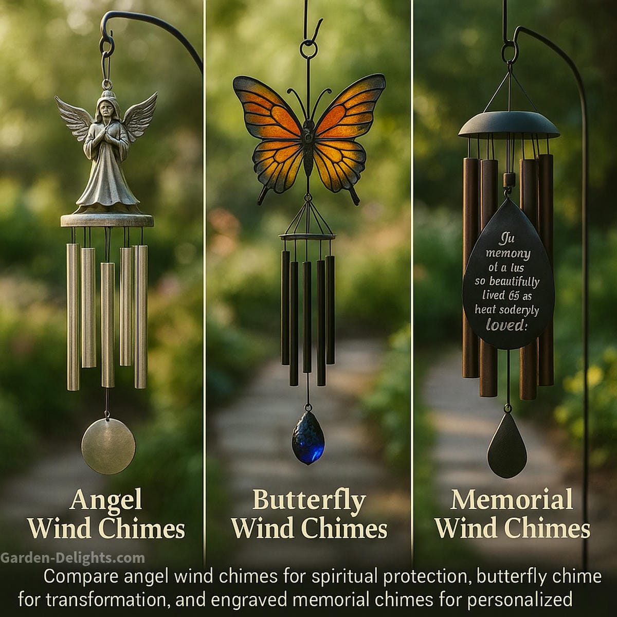 angel butterfly and memorial wind chimes comparison showing tone differences symbolism and airflow sound variation in outdoor space