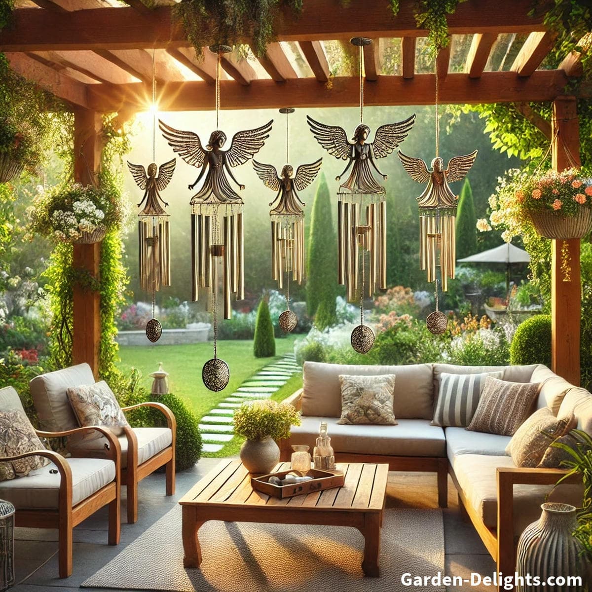 Elegant angel wind chimes swaying above a flower-filled patio garden symbolizing spiritual peace, remembrance, and divine energy in outdoor decor
