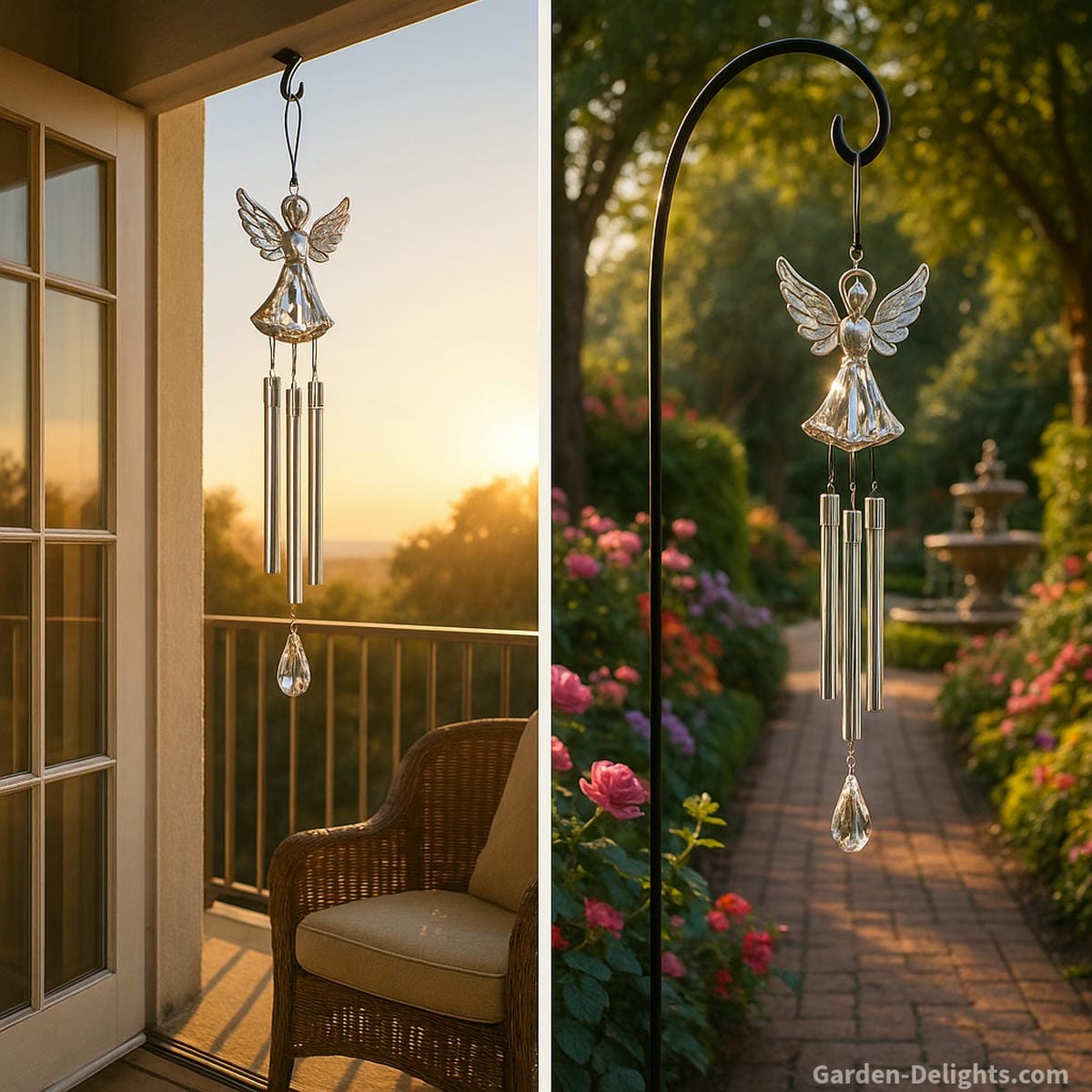 Elegant angel wind chimes with shimmering crystal prisms and silver tubes hanging from a sunrise-facing balcony and a serene garden pathway symbolizing grief healing, spiritual protection, and Feng Shui energy flow