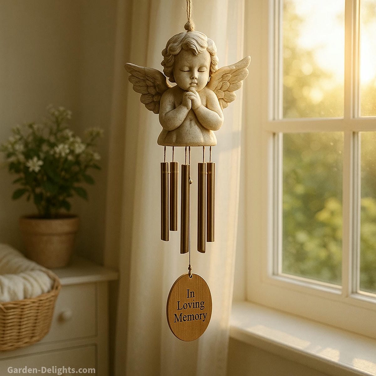 Cherub angel wind chimes with personalized engraving gently swaying in a sunlit nursery memorial corner, symbolizing innocence, remembrance, and emotional healing