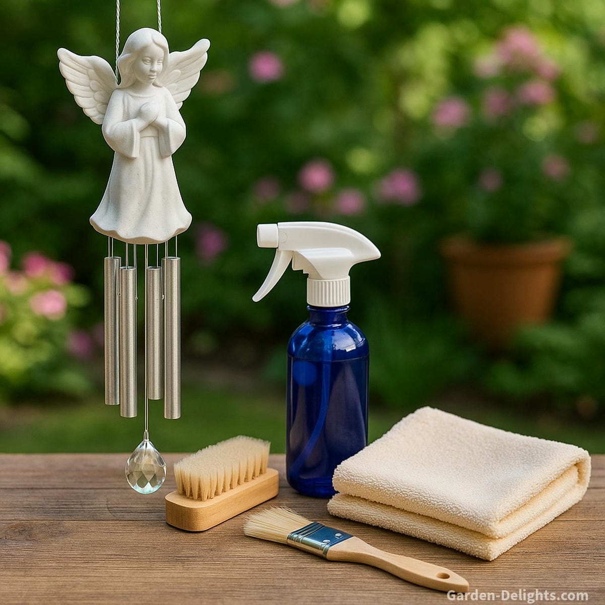 cleaning angel wind chimes with cloth and tools preserving crystal shine metal tone clarity and smooth airflow movement outdoors