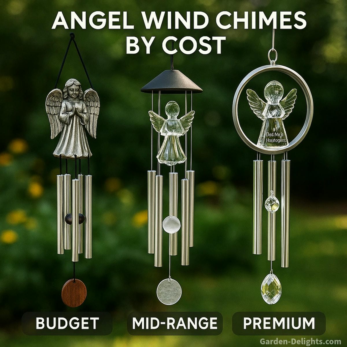 Angel wind chimes in a cost comparison from budget-friendly porch chimes to solar-lit grief support chimes and personalized memorial designs in peaceful garden spaces