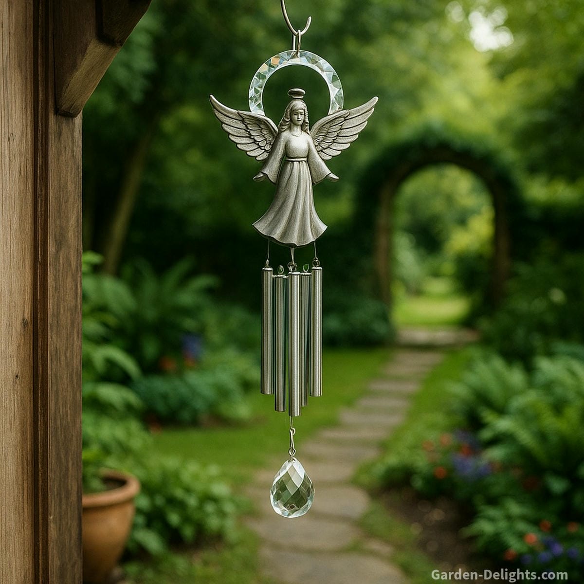 Feng Shui angel wind chime with tuned silver rods and crystal halo hanging near a peaceful garden entryway channeling Chi energy, emotional clarity, and spiritual protection