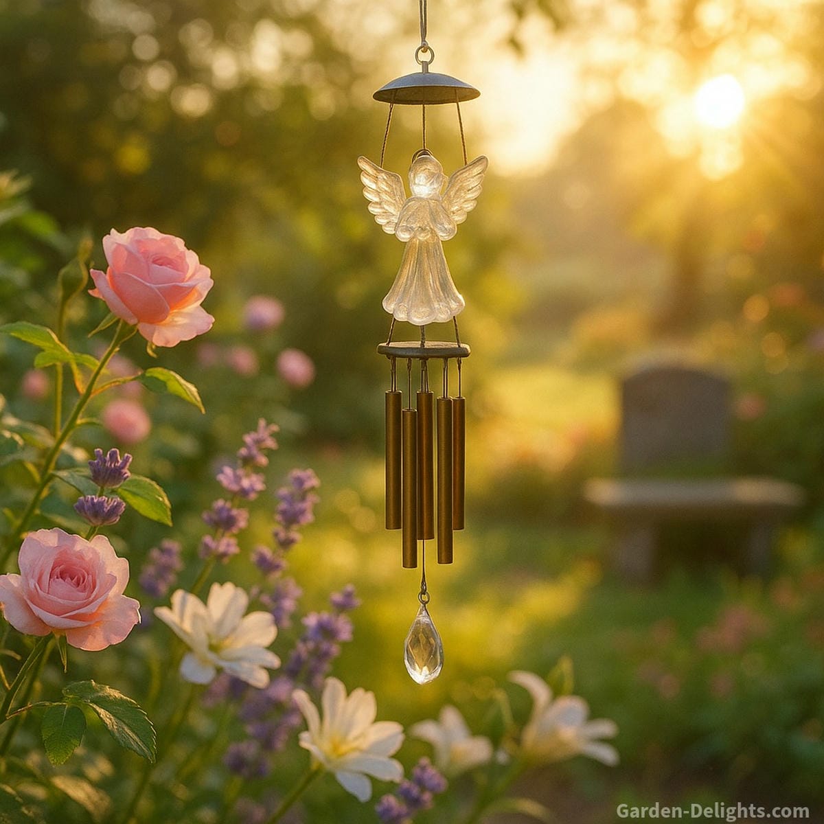 crystal angel wind chime in sunrise garden airflow creating soft light reflections gentle tones and emotional memorial connection