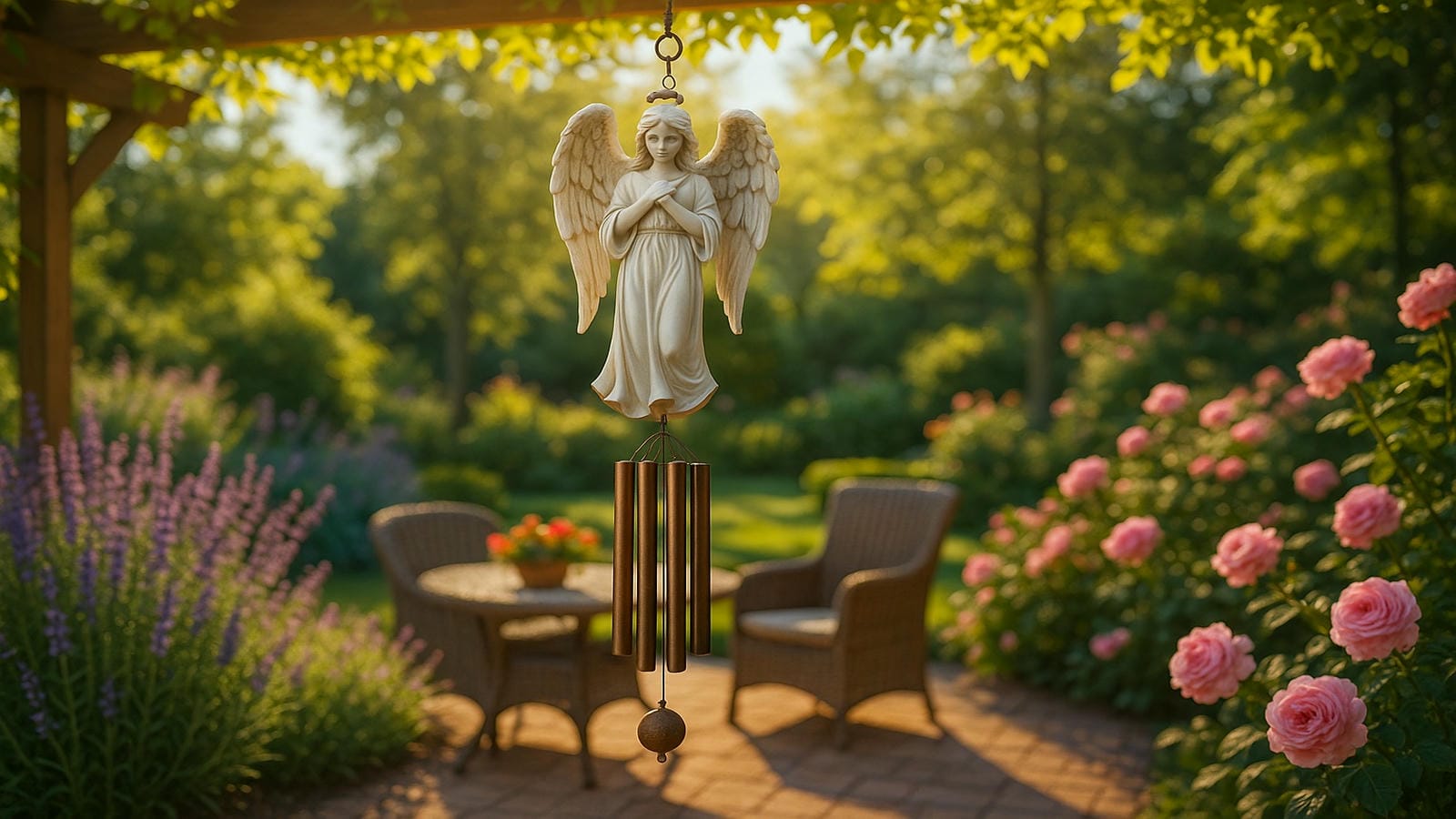 Angel wind chimes in a tranquil memorial garden patio with sunlight streaming over blooming flowers, evoking peace, comfort, and spiritual connection through sound and symbolism