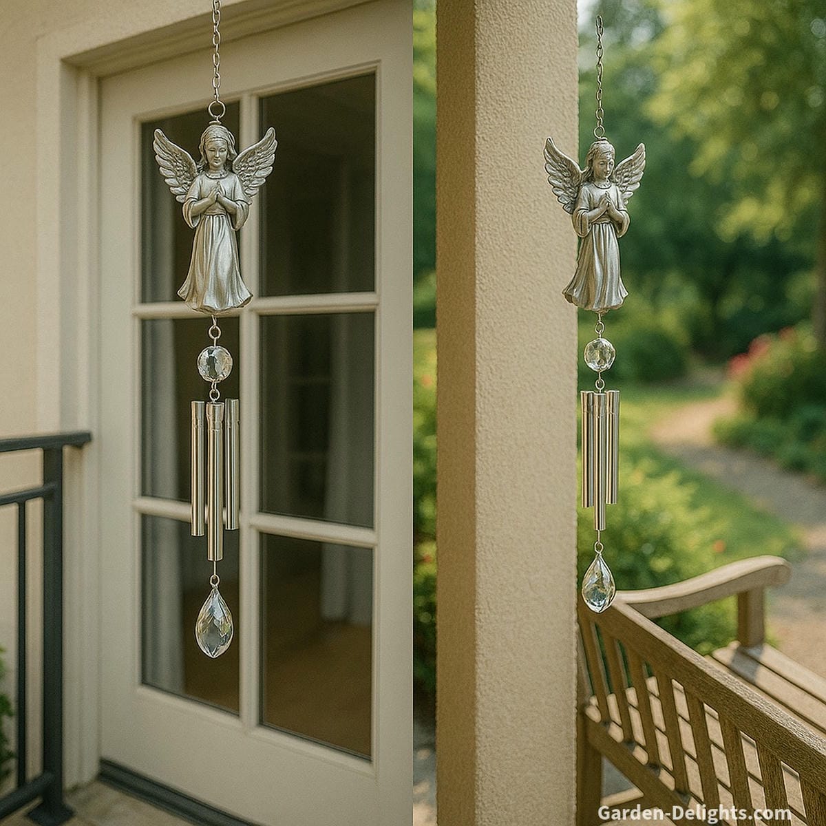 Elegant angel wind chimes with translucent crystal accents and tuned metal tubes hanging from a balcony railing, above a doorway, and beside a garden bench enhancing spiritual energy, memorial comfort, and emotional balance