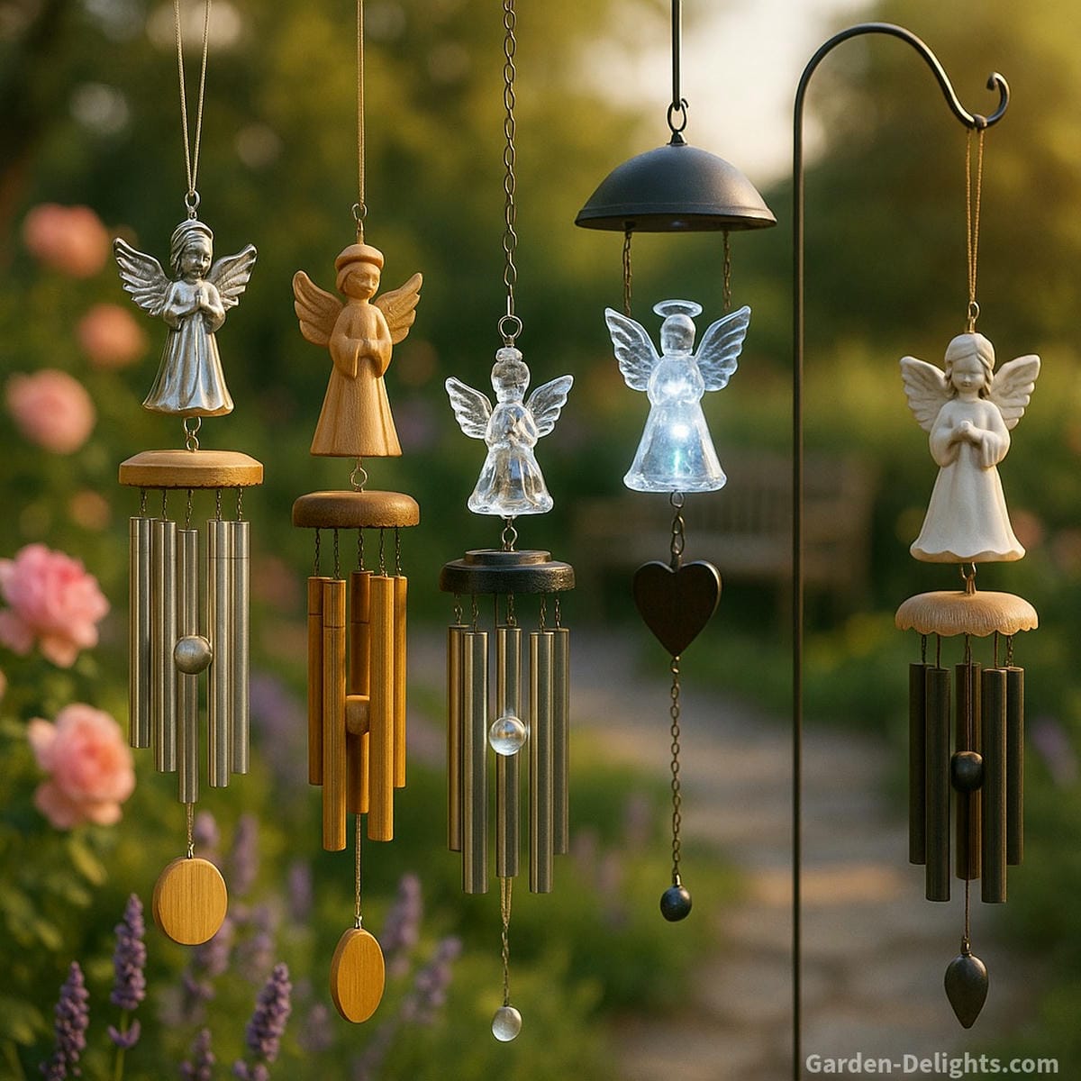 angel wind chimes in multiple materials including metal bamboo crystal and solar showing tone differences airflow response and symbolic meaning