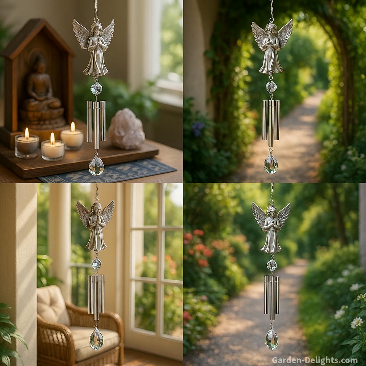 Tranquil angel wind chimes with crystal and silver tones hanging near an indoor altar, on a garden pathway, and beside a sunlit balcony chair symbolizing serenity, remembrance, and energy flow