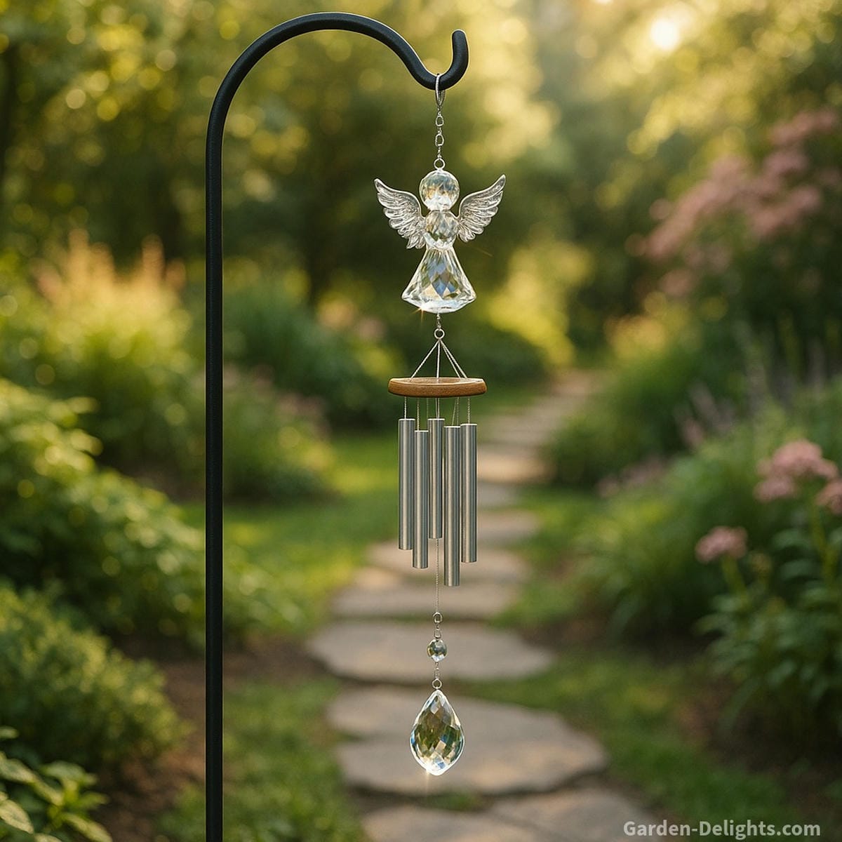 Crystal angel wind chime with tuned aluminum tubes hanging from a black shepherd’s hook in a sunlit meditation garden enhancing energy flow, memorial comfort, and serene outdoor ambience