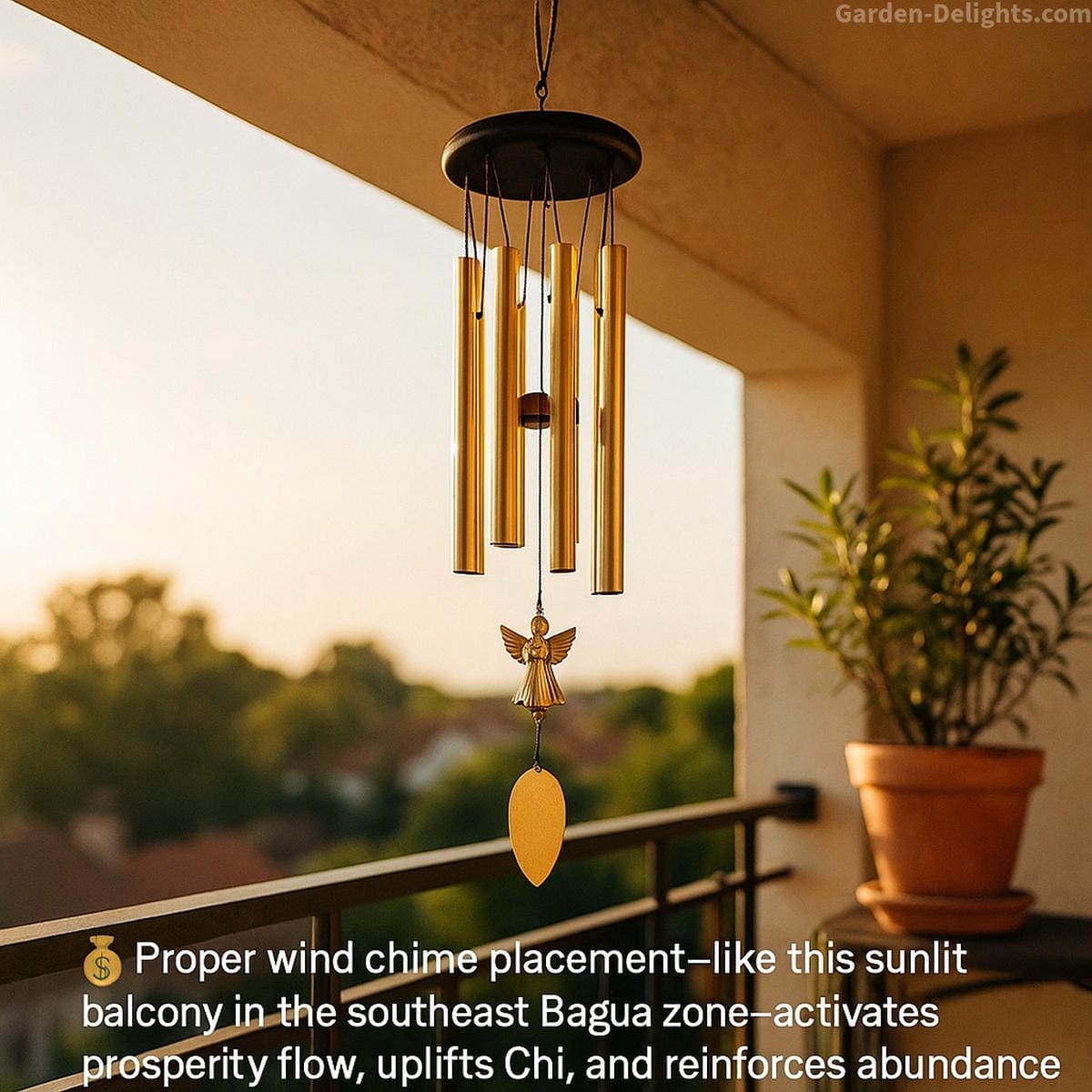 Sunlit Feng Shui angel wind chimes hanging from a southeast-facing balcony with golden tubes and a symbolic angel, activating Chi flow and attracting prosperity energy
