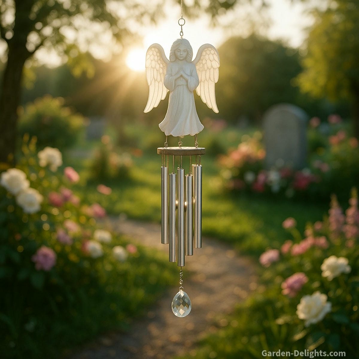angel wind chimes in memorial garden creating soft airflow tones emotional reflection and peaceful spiritual atmosphere